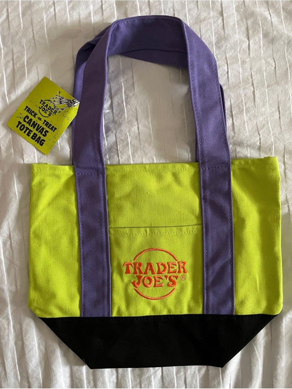 🎃 NWT 2026 Trader Joe’s Halloween Mini Canvas Tote Bag | Lime + Purple/Black